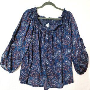 Boutique Tunic Womens Sz 3X Long Puff Sleeve Tie Accents Cold Shoulder Navy